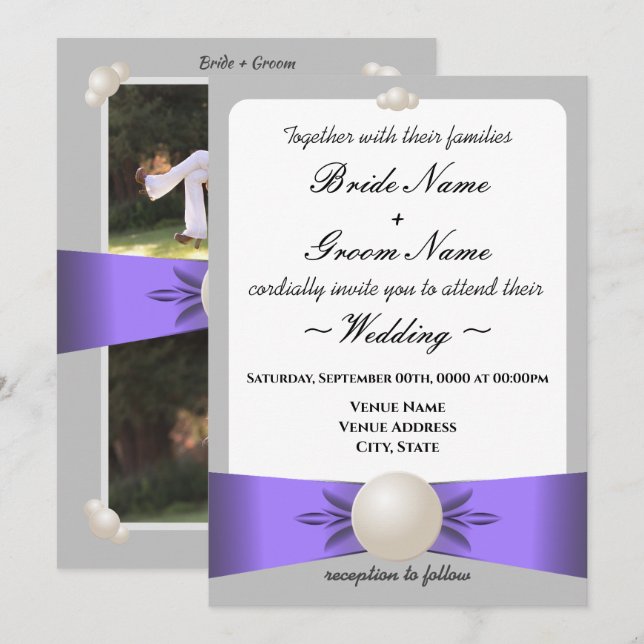 Convite Casamento de Fotos com Fita de Lavanda Suave e Pér (Frente/Verso)