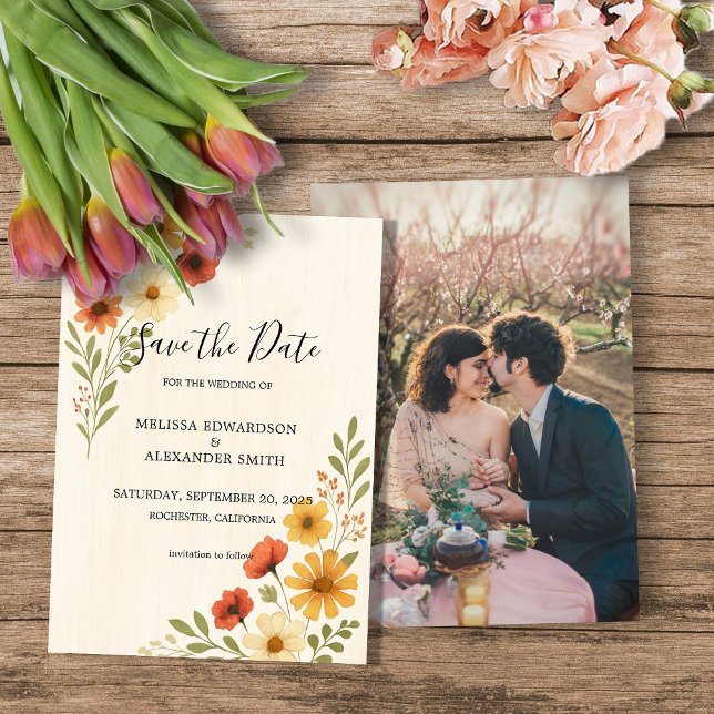 Convite Casamento de fotos com flores aquáticas Salve a da (Watercolor flowers photo boho wedding Save the date Invitation.)