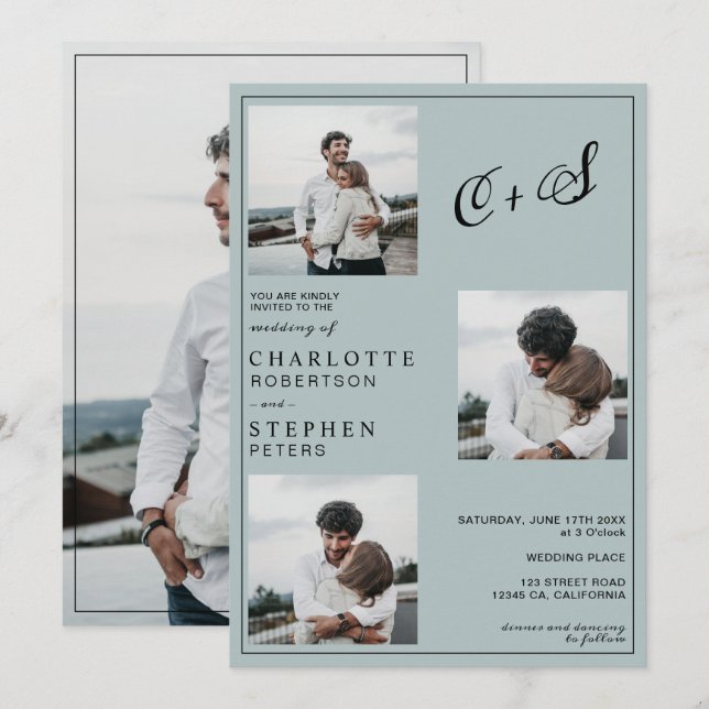 Convite Casamento de fotos com iniciais casuais minimalist (Frente/Verso)