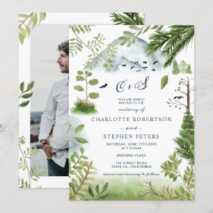 Convite Casamento de fotos com iniciais de pinheiros da mo