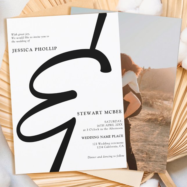 Convite Casamento de fotos da caligrafia branca-negra (Criador carregado)