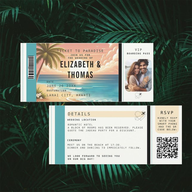 Convite Casamento de Fotos de Destino de Praia Tropical (tropical beach destination wedding invitation boarding pass qr code all in one watercolor vintage)