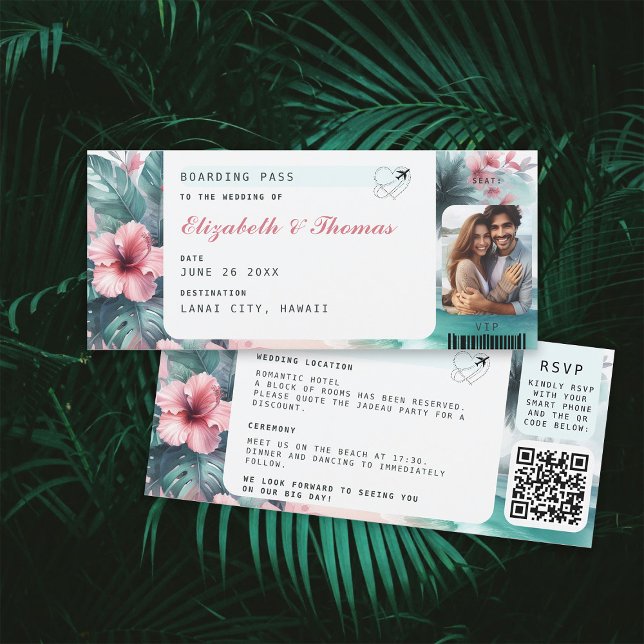 Convite Casamento de Fotos de Destino Tropical Embarcado (tropical destination wedding invitation ticket floral hibiscus watercolor qr code photo all in one)