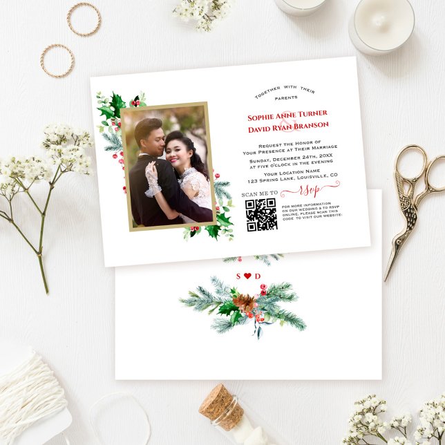 Convite Casamento de Fotos de Feriados de Inverno do Códig (winter wedding photo qr code, christmas wedding invitation, pine berries xmas holidays wedding )