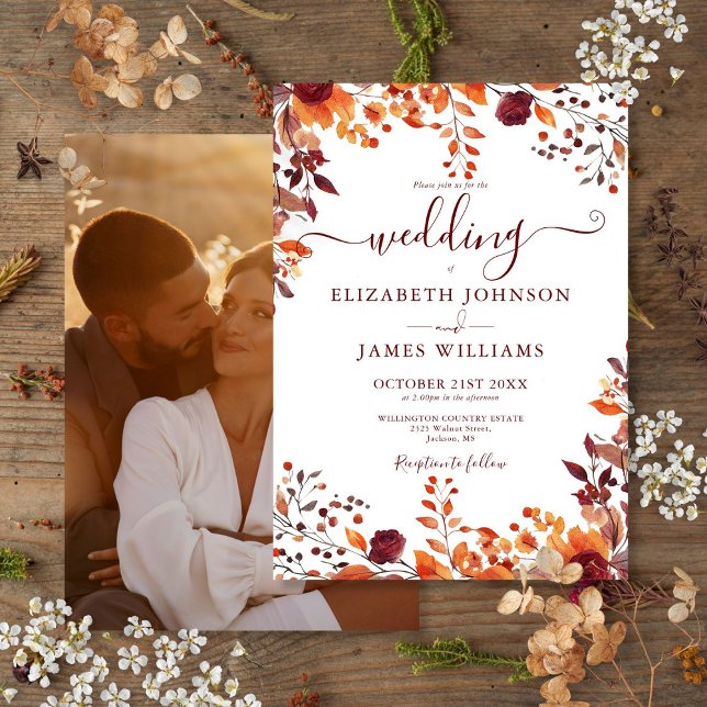 Convite Casamento de Fotos de Folhas Florais de Outono (Autumn Fall Floral Leaves Photo Wedding Invitation)