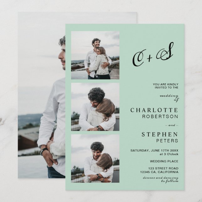 Convite Casamento de fotos de iniciais casuais verdes mode (Frente/Verso)