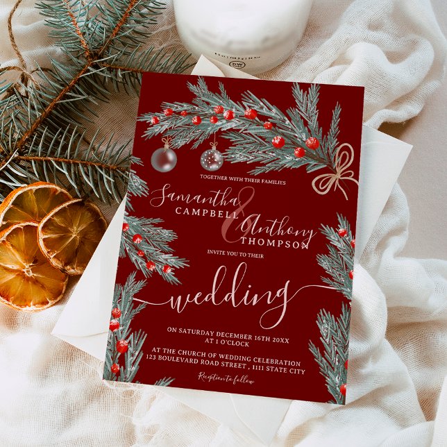 Convite Casamento de fotos de inverno com pinheiro verde (Green pine Christmas winter photo wedding Invitation)