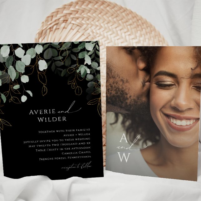 Convite Casamento De Fotos De Monograma Dourado E Preto Ve (Criador carregado)