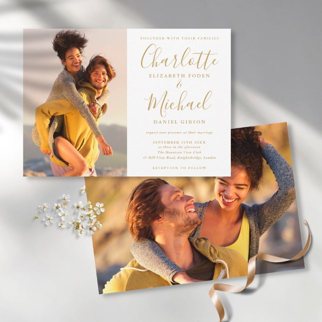 Convite Casamento de Fotos de Script de Assinatura Dourada (Criador carregado)