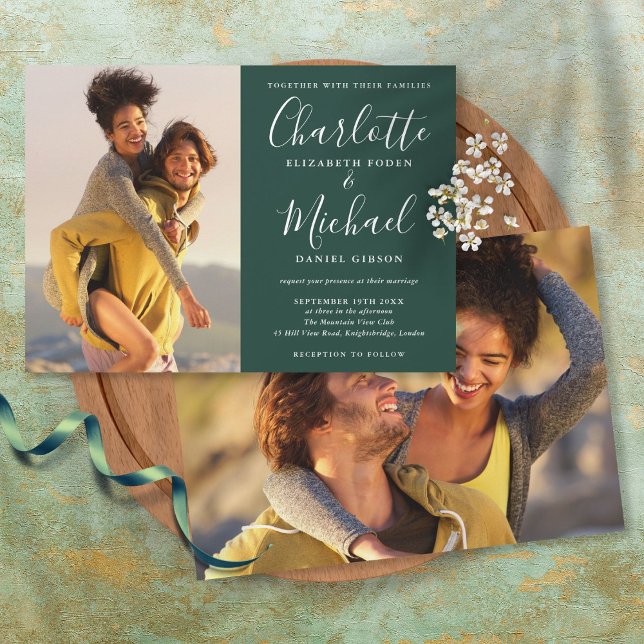 Convite Casamento de Fotos de Script Elegante Emerald Gree (Criador carregado)