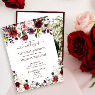 Convite Casamento De Fotos De Script Floral Rustic Burgund