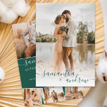 Convite Casamento de fotos de script minimalista verde mod<br><div class="desc">Casamento moderno minimalista de guião verde de inverno com colagem de 5 fotos.</div>