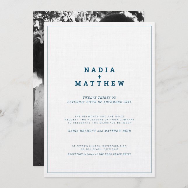 Convite Casamento de fotos de texto branco e azul marinho  (Frente/Verso)