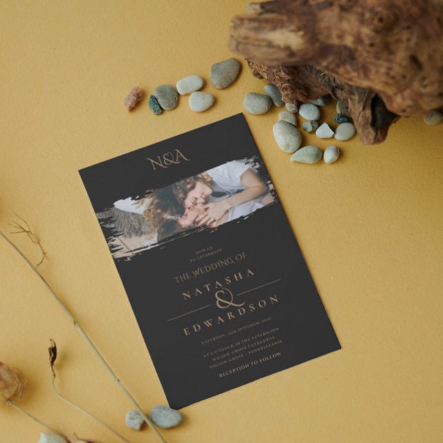 Convite Casamento De Fotos De Traço Preto E Dourado Modern (Criador carregado)