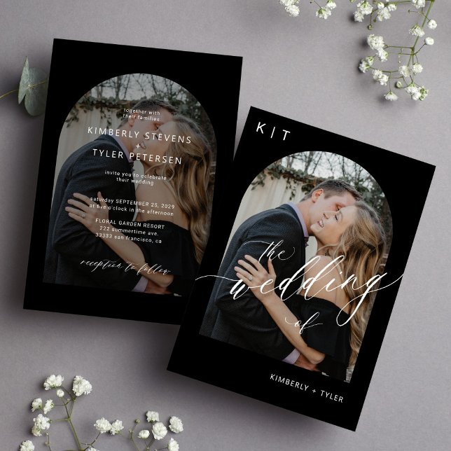 Convite Casamento de fotos do arco do monograma preto e br (Criador carregado)