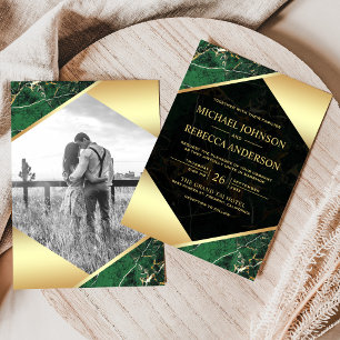 Convite Casamento de Fotos do Marble Verde Emerald Geomét