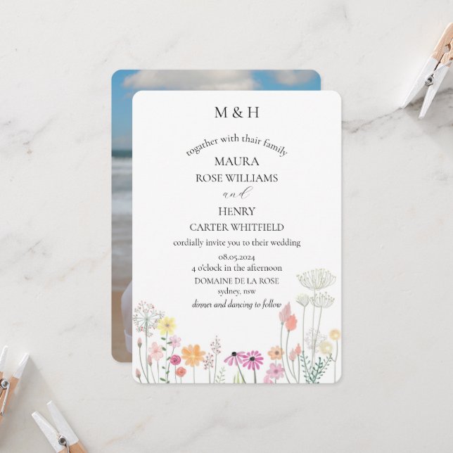 Convite Casamento de fotos do Monograma de Primavera selva (Frente/Verso In Situ)