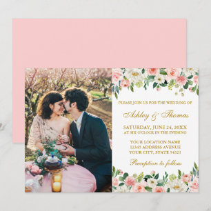 Convite Casamento de Fotos Douradas Florais Branco Cor-de-