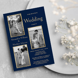 Convite Casamento de Fotos Dourado Azul-Marinho Simples El