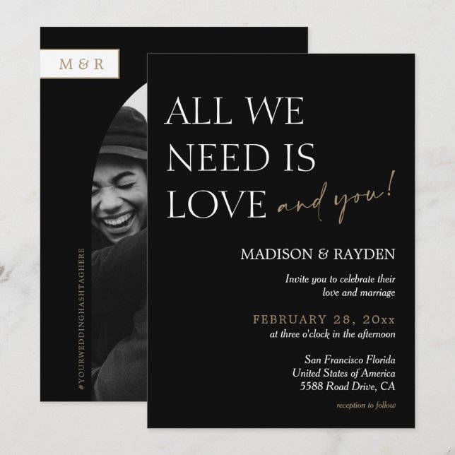 Convite Casamento de Fotos Dourado e Preto Minimalista (Frente/Verso)