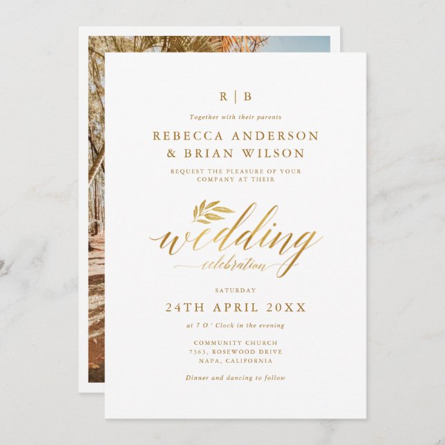 Convite Casamento de Fotos Elegante de Foto Gold Foil - Ca (Frente/Verso)