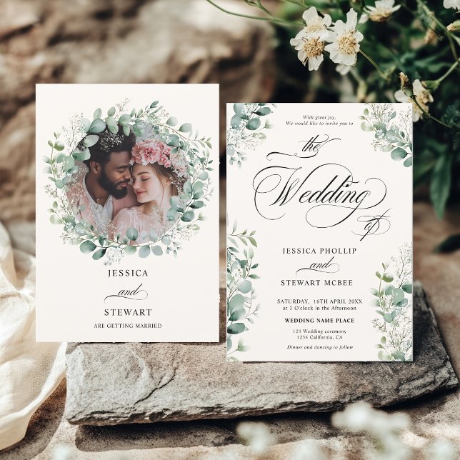 Convite Casamento de Fotos Elegante Eucalyptus Greenery Sc (Elegant Eucalyptus Greenery Script photo Wedding Invitation)