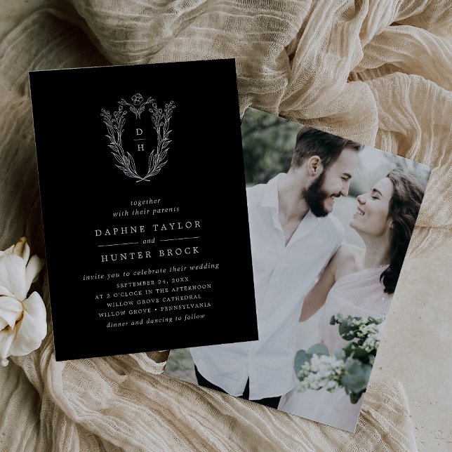 Convite Casamento de Fotos Elegante Negra Negra Negra-Negr (DAPHNE Botanical Dark Black Elegant Photo Wedding Invitation)