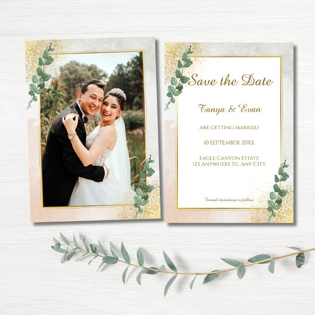 Convite Casamento de Fotos Elegante Verde e Dourada Salve  (Elegant Green & Gold Save the Date Wedding Invite)