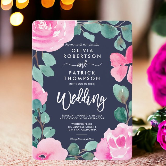 Convite Casamento de fotos florais com marinho rosa-escuro (Bold pink navy floral watercolor photo wedding invitation)