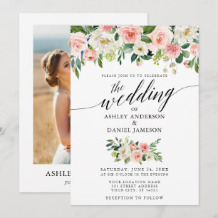 Convite Casamento De Fotos Florais De Blush De Caligrafia