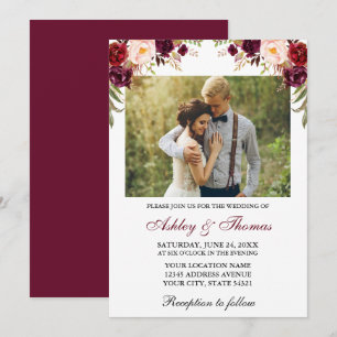 Convite Casamento de Fotos Florais de Watercolor Burgundy