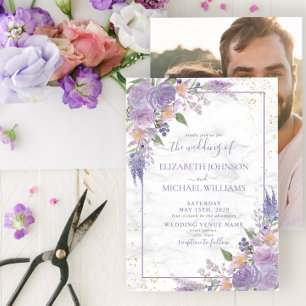 Convite Casamento de Fotos Florais Douradas da Lavanda Rú