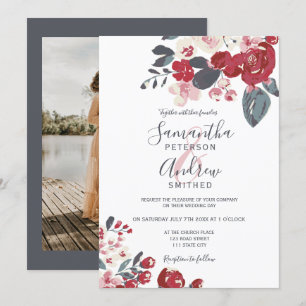 Convite Casamento de fotos florais vermelho empoeirado