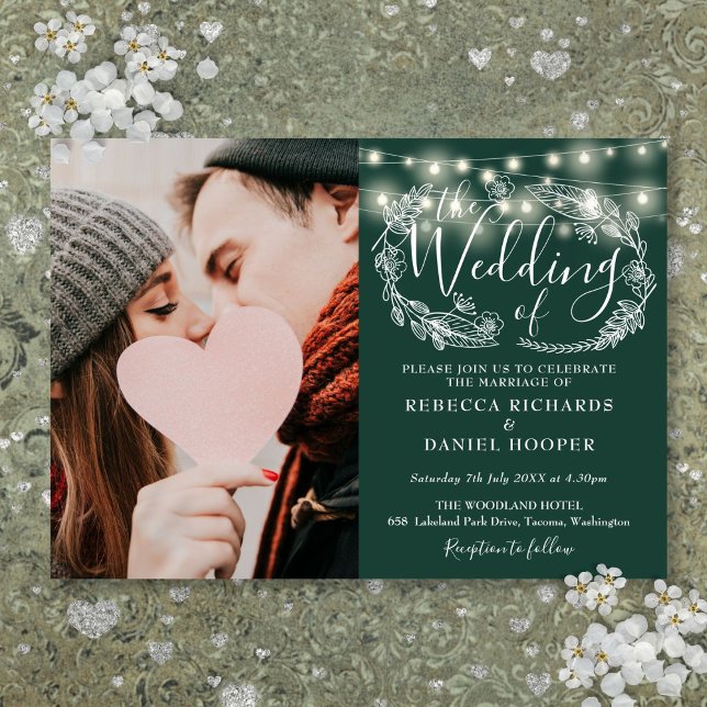 Convite Casamento de Fotos Floral das Palavras Verdes Emer (Emerald Green String Lights Floral Photo Wedding Invitation)