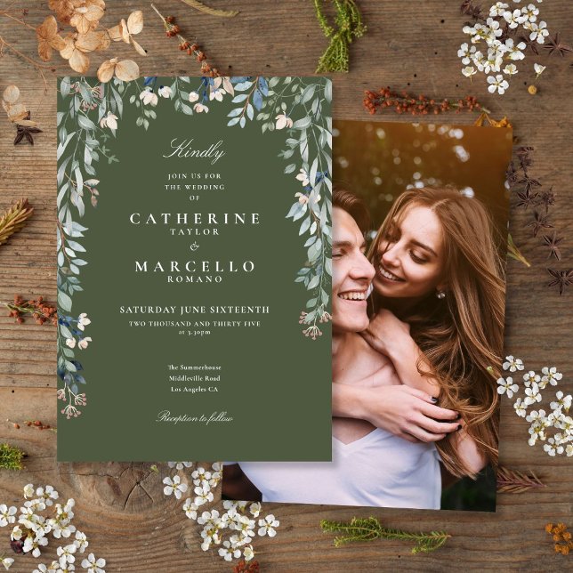 Convite Casamento de Fotos Floral de Olive Green (Olive Green Wildflowers Floral Photo Wedding Invitation)