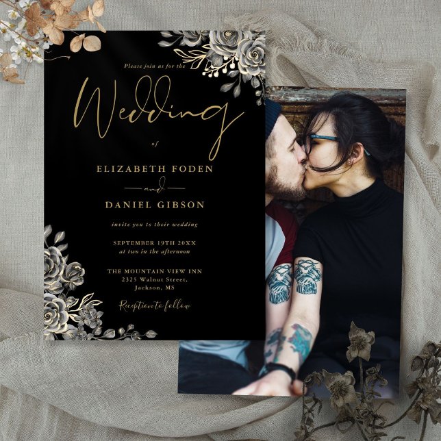Convite Casamento De Fotos Floral De Rosas Góticos Pretos  (Black And Gold Gothic Roses Floral Photo Wedding Invitation)