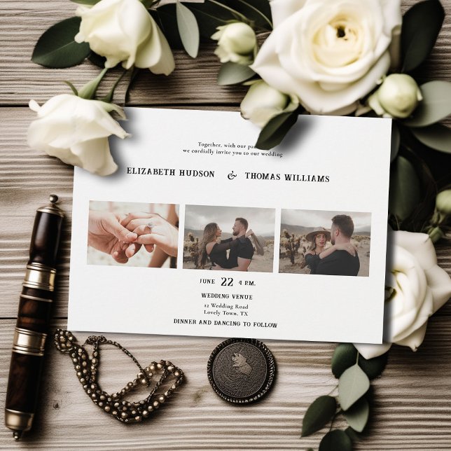 Convite Casamento de Fotos Formais do Country Western Blac (country western black white wedding invitation vintage 3 photos frame formal elegant modern ranch)