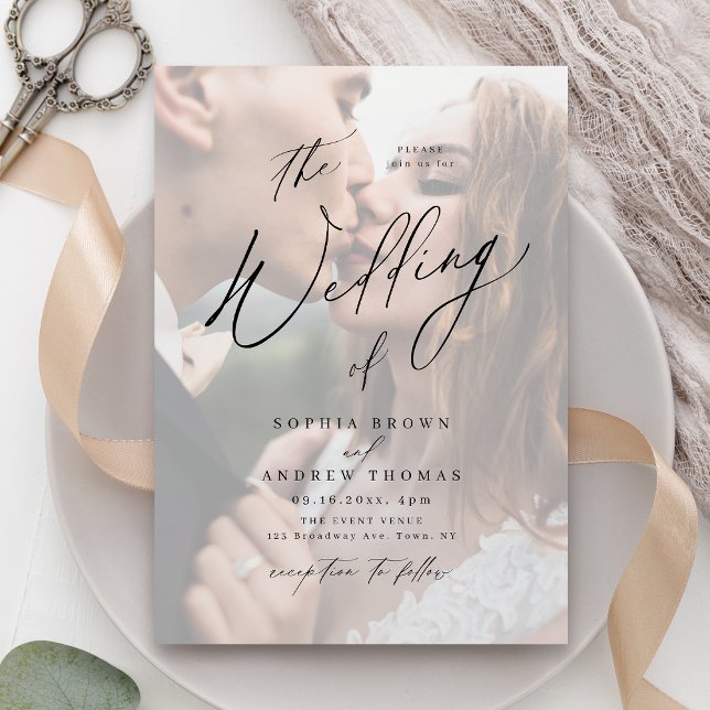 Convite Casamento de fotos minimalista com roteiro moderno (Elegant modern script minimalist photo wedding invitation)