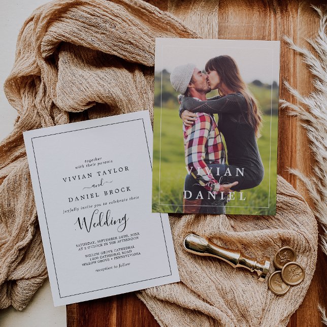 Convite Casamento de Fotos Moderna Russo de Boho Simples e (Minimalist Simple Boho Modern Rustic Photo Wedding Invitation)