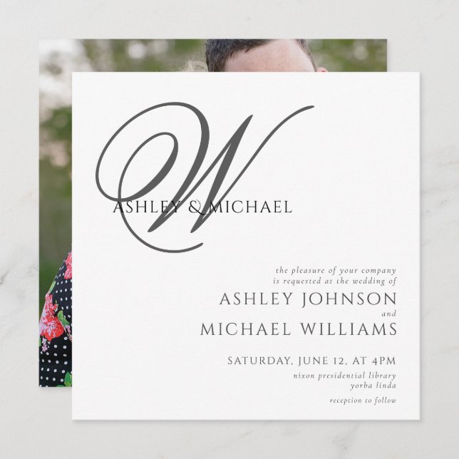 Convite Casamento de Fotos na Praça do Monograma Preto/Bra (Frente/Verso)