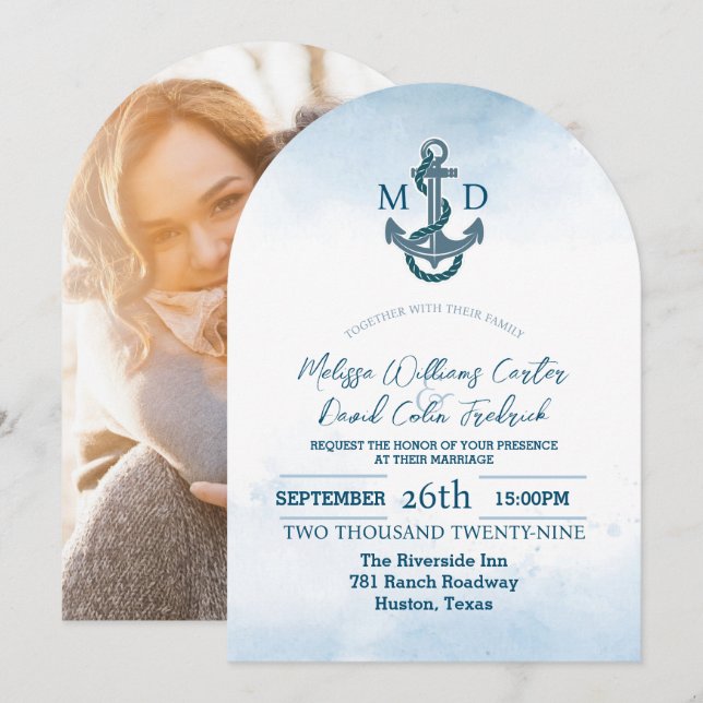 Convite Casamento de Fotos Náuticas de Âncora Azul da Prai (Frente/Verso)
