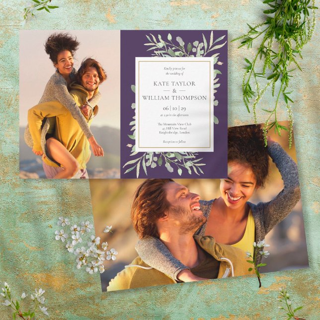 Convite Casamento de Fotos Púrpura em Verde Botânico (Criador carregado)