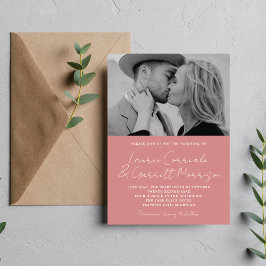 Convite Casamento de Fotos Rosa Moderno com Dobra Verdadei