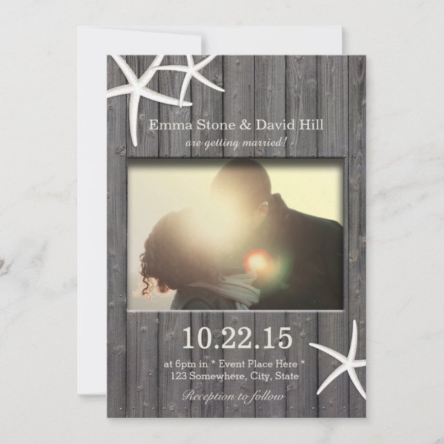 Convite Casamento de Fotos Rustic Starfish & Barn Wood (Frente)