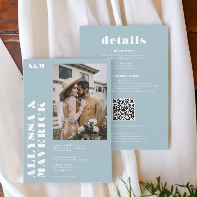 Convite Casamento de fotos simples de gelo branco e elegan (Elegant Bold simple white ice blue photo wedding Invitation)