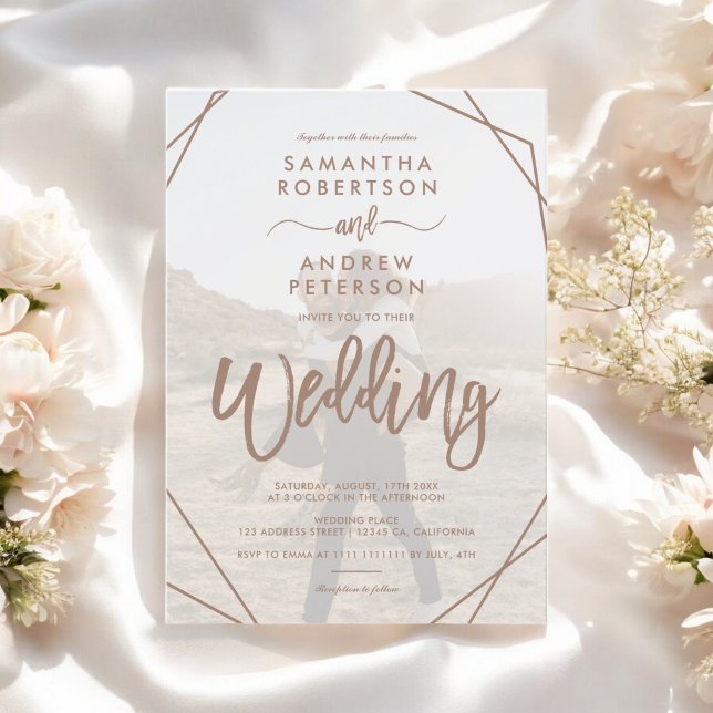 Convite Casamento de fotos simples de quadro de mito casta (Brown boho frame simple photo script wedding invitation)