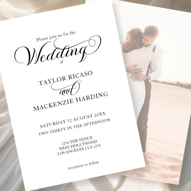Convite Casamento de fotos simples e elegante (Simple elegant script photo wedding invitation by Ricaso. Typography style with photograph to back)