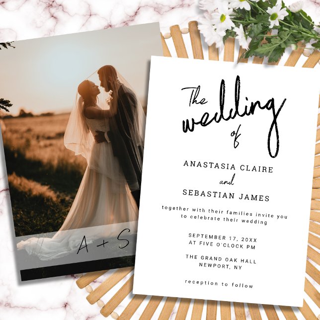 Convite Casamento de Fotos Simples, Preto e Branco (Simple Modern Black and White Photo Wedding Invitation)