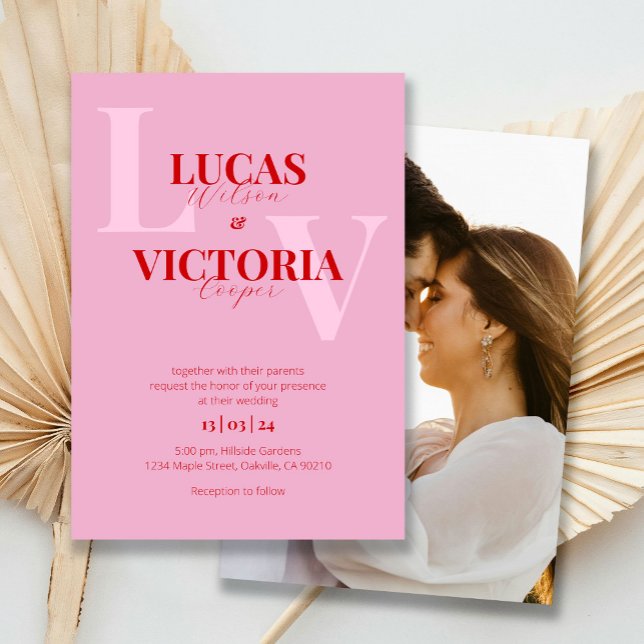 Convite Casamento de Fotos Vermelha e Rosa Brilhante (Criador carregado)