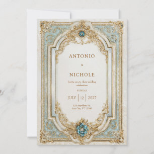 Convite Casamento de Frame Azul e Ornamentado Dourado vito